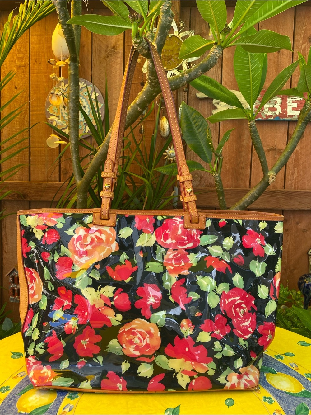 Dooney & Bourke Black Floral Coated Tote with Tan Leather Handles - Picture 5 of 16